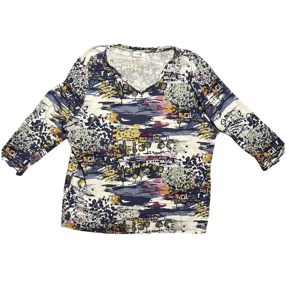 CJ Banks Women's X Multi-Color V-Neck 3/4 Sleeve Rhinestone Village Top Blouse